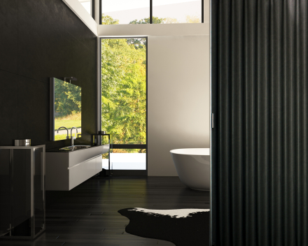 Vouwdeur Aporta in de badkamer, kleur Black, 2.5 meter breed, 2.4 meter hoog, grote harmonicadeur in kunstleder